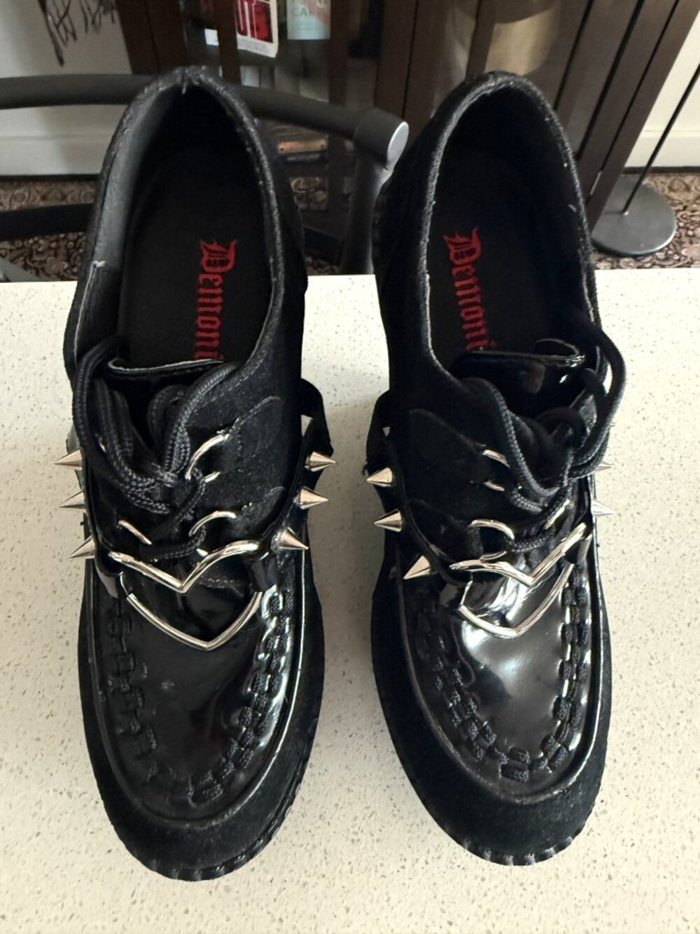 DEMONIA Creeper 302H Black Heart O-Ring & Spikes Vegan Suede | 9M| NWB - Picture 5 of 11
